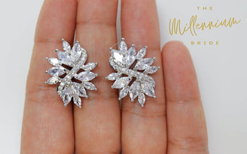 Cubic Zirconia Diamond Leaves stud Earrings, Bridal Jewelry, Bridal Stud Earrings, Crystal Bridal Earrings, Statement Earrings Cz